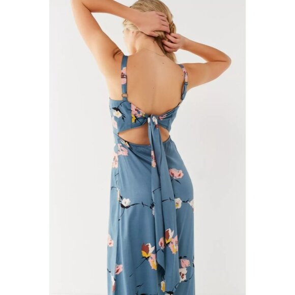 Urban Outfitters Blue Floral Layla Straight-Neck Tie-Back Midi Dress M - Picture 11 of 16